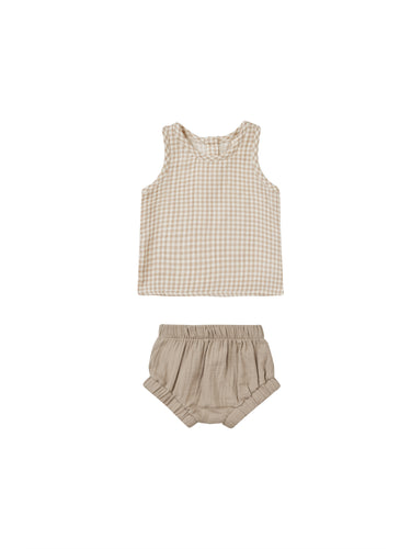Oat Gingham tank top with matching beige bloomers.