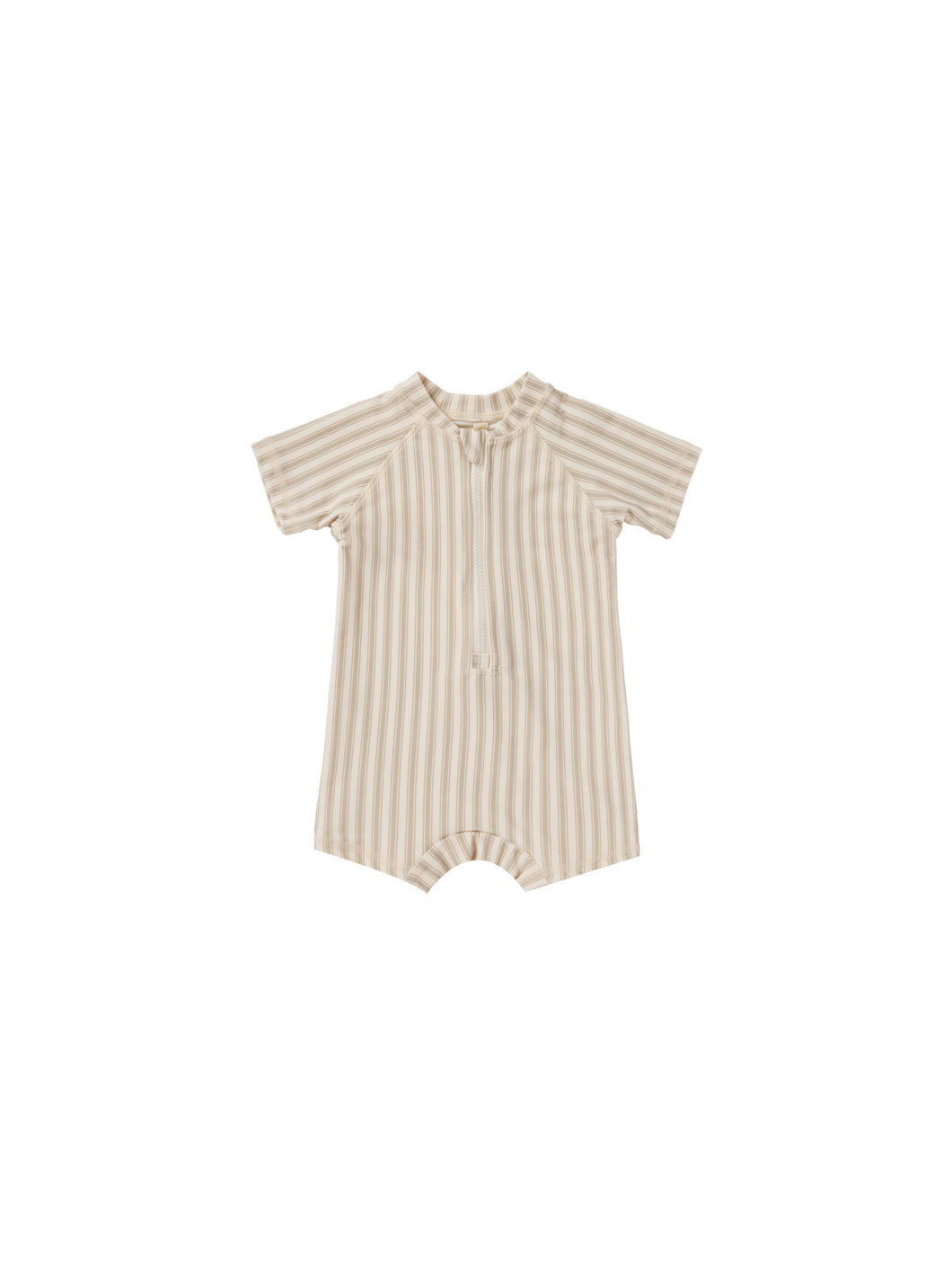 Zip up one piece short sleeve rash guard featured in an ivory colour and aqua and oranges stripes for a vintage look.