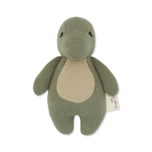 Load image into Gallery viewer, Mini plush toy dinosaur made of organic cotton and features a sea-grass green colour. 

